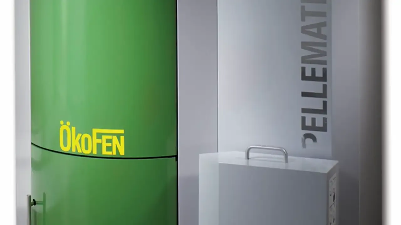 Chaudière à granulés ÖkoFEN Pellematic et son silo textile vert installés dans un local technique