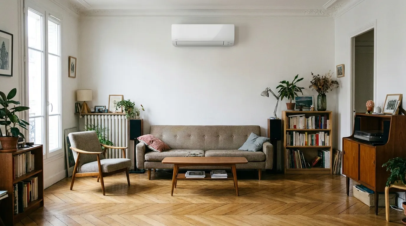 Unité intérieure de climatisation murale installée en haut d’un mur de séjour