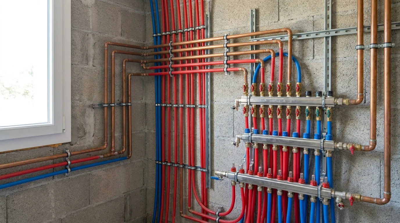 Collecteur de distribution et réseau de tubes PER rouges et bleus fixés sur un mur de local technique